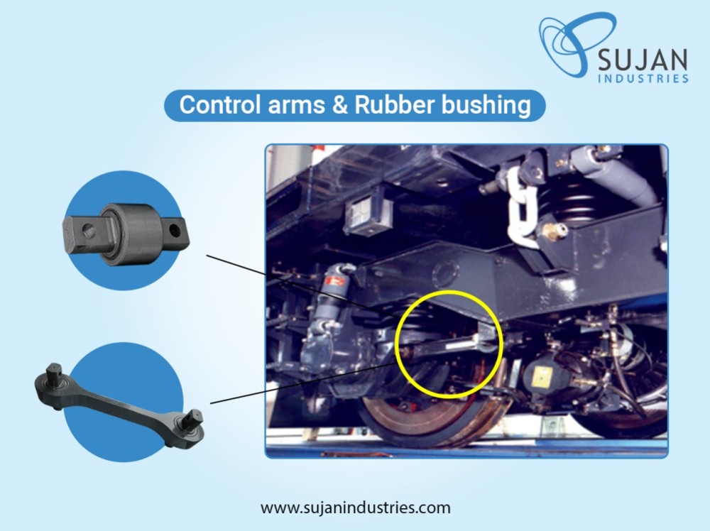 How do control arms & rubber bushing aid the railway application?